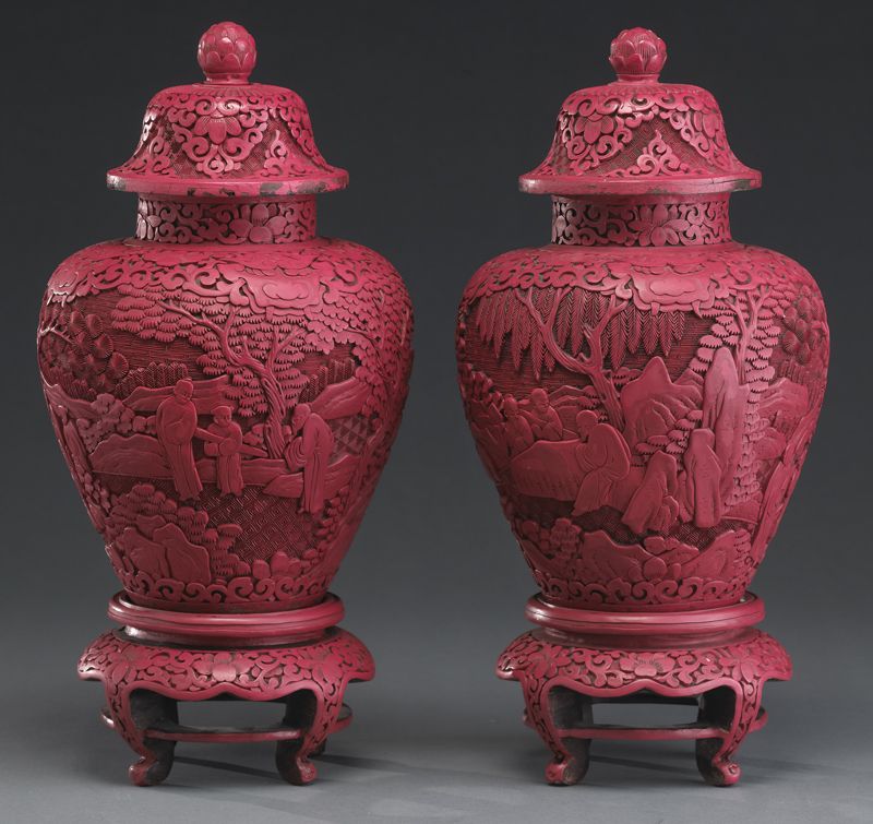 Pr. Chinese Qing carved cinnabar jarsdepicting