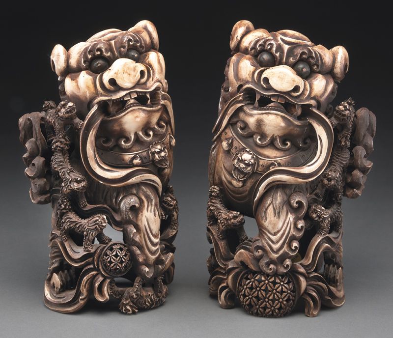 Pr Chinese carved ivory foo dogs International 17416b