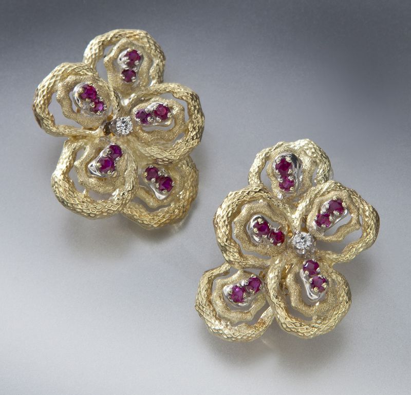 Pr. 14K gold diamond and ruby earringsmounted