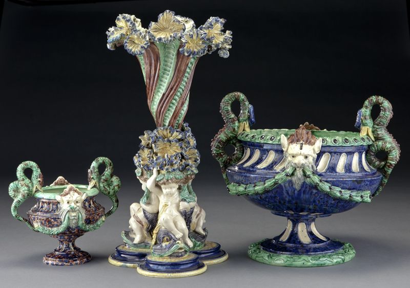  3 French majolica vases including 1  1741f6