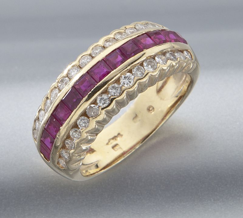 14K gold diamond and ruby ringfeaturing