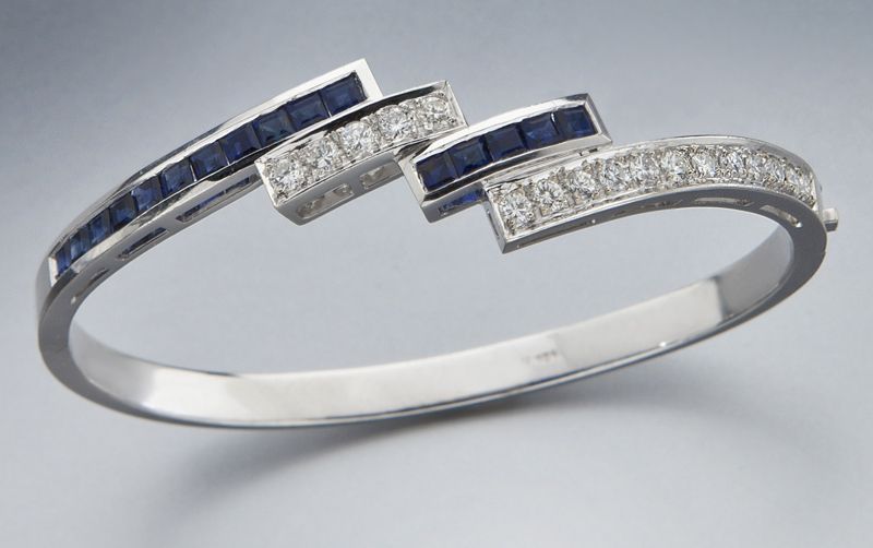 14K gold diamond and sapphire bangle