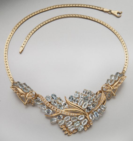 14K diamond and aquamarine necklace 17428d