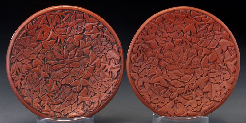 Pr. Chinese Ming carved cinnabar platesdepicting