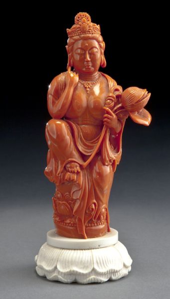 Chinese Qing carved red coral Guanyin(International