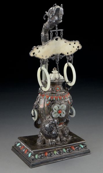 Chinese-Mongolian jade inlaid silver