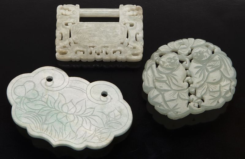  3 Chinese Qing carved jade plaquesdepicting 1744aa