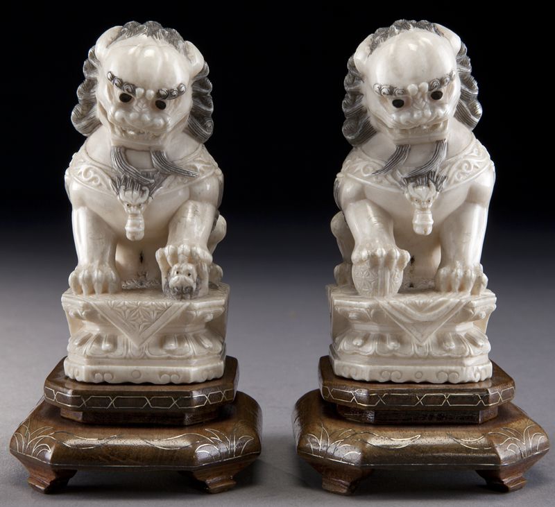 Pr Chinese carved ivory foo dogs 17450b