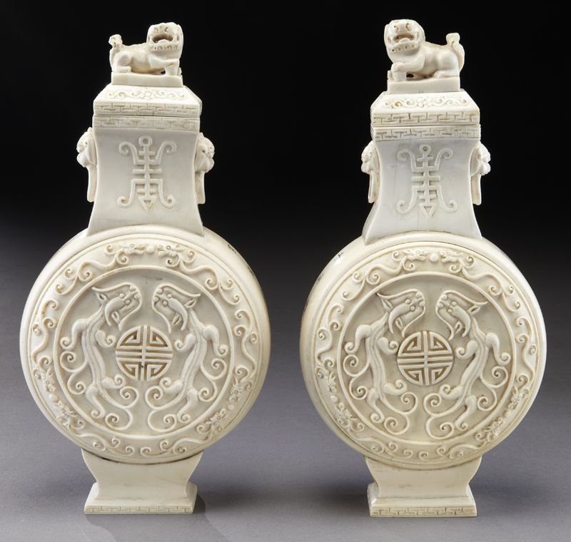 Pr Chinese carved ivory vases 17452b