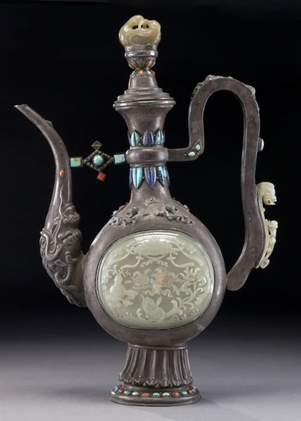 Chinese Mongolian jade inlaid silver 17452d