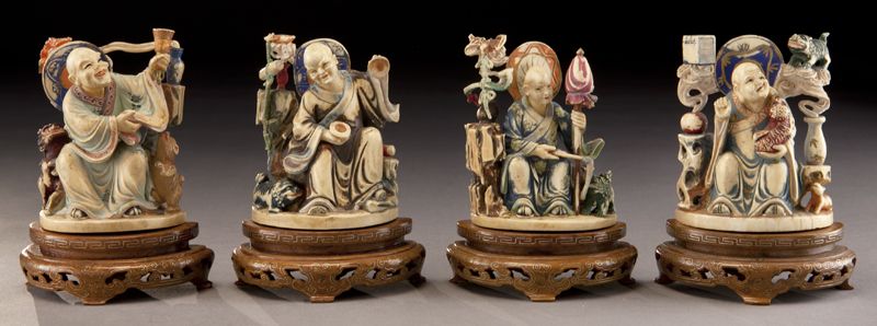 (4) Chinese carved polychrome ivory