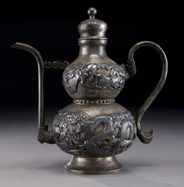Chinese silver wine pot depicting