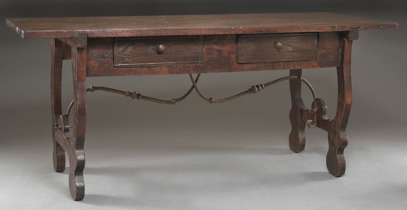 Spanish trestle table having a two drawer