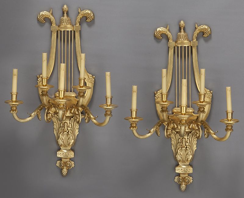 Pr Gilt bronze sconces of lyre 1746ca