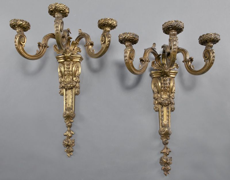 Pr Rococo style gilt bronze three light 17478b