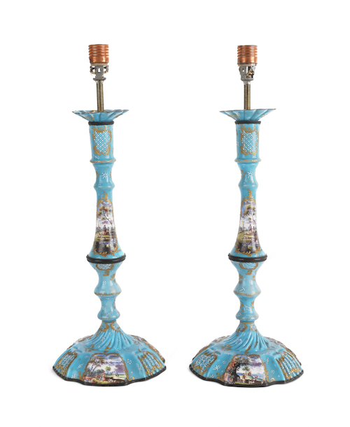 Pair of turquoise enameled candlesticks