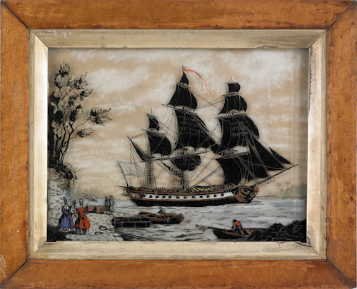 Reverse painting on glass ship portrait