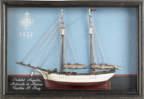 Carved and painted shadowbox ship model