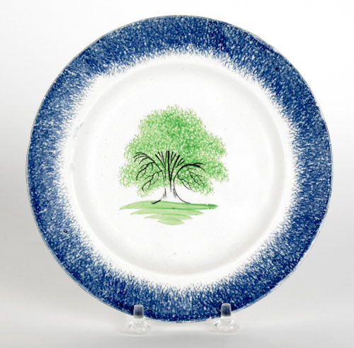Blue spatter plate with a tree 19th