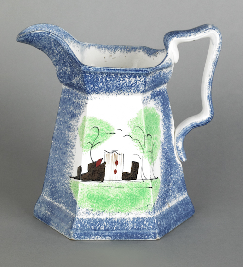 Blue spatter pitcher with a fort 19th
