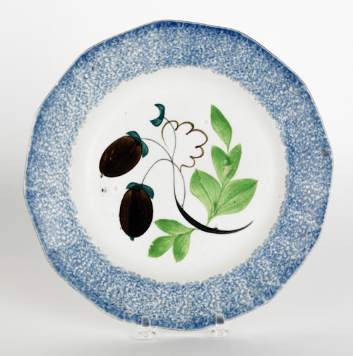 Blue spatter plate with acorns 19th
