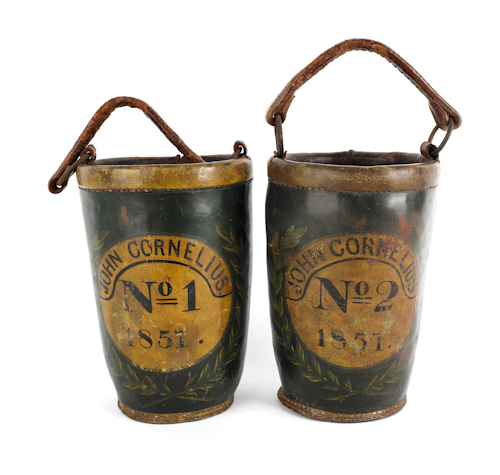 Pair of painted leather fire buckets