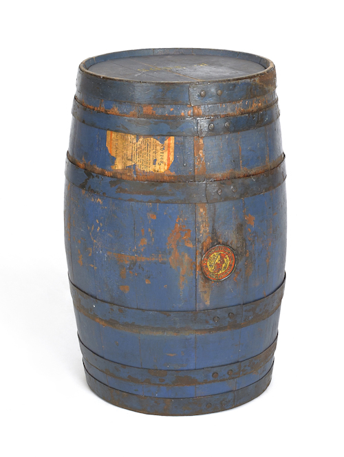 Blue painted keg with Dickinsons Witch