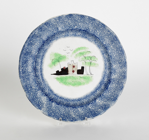 Blue spatter plate with a fort 19th