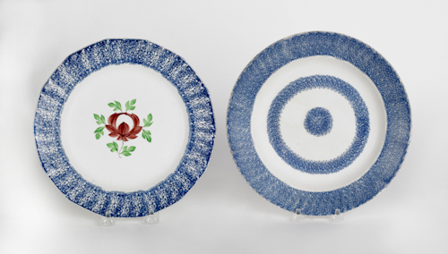 Two blue spatter plates with Adams Rose