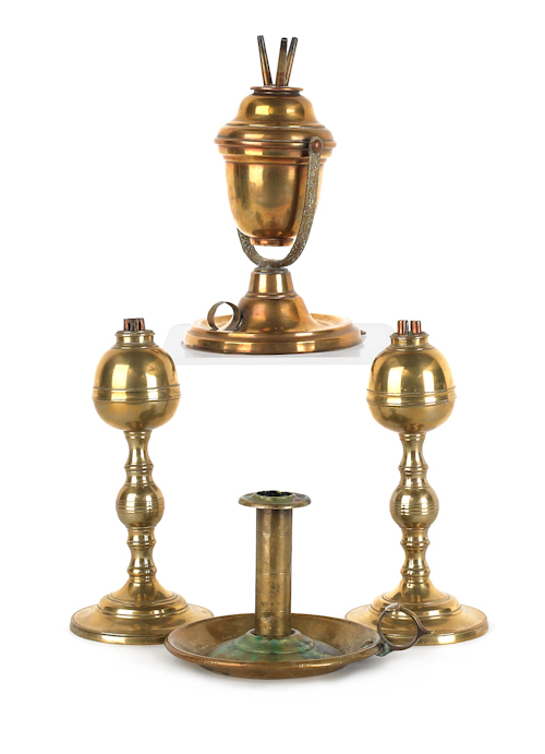 Pair of turned brass oil lamps