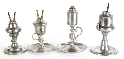 Four American pewter oil lamps 174c22