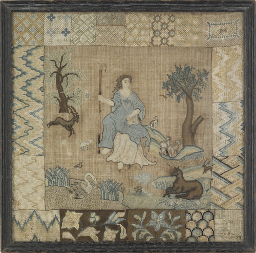 Silk on linen pictorial darning sampler