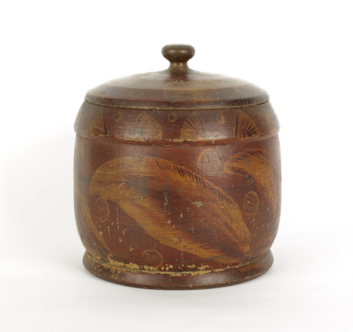 Massive painted treen canister