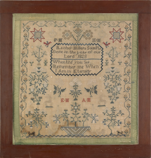 Silk on linen sampler dated 1828 174cee