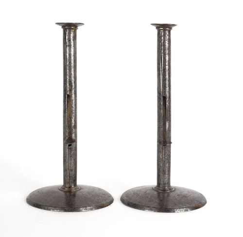 Large pair of tin hogscraper candlesticks