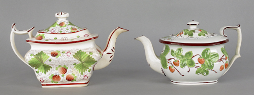 Two pearlware strawberry pattern teapots
