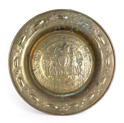 Nuremberg brass alms dish dated