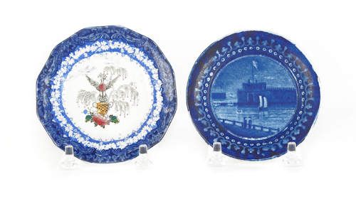 Two blue Staffordshire cup plates 174dfd