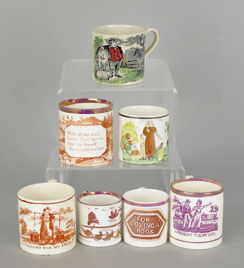 Seven Staffordshire child's mugs