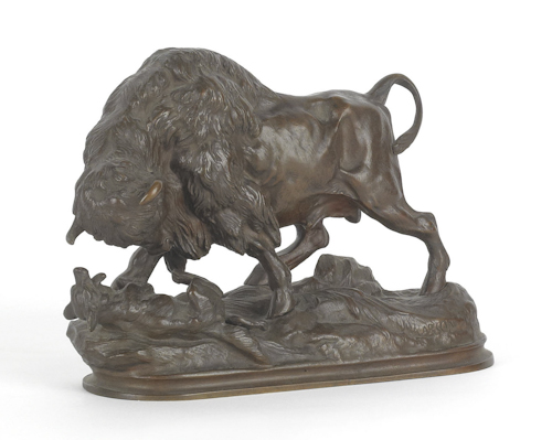 Patinated bronze of a buffalo and wolf