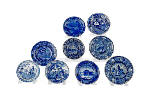 Nine blue Staffordshire cup plates