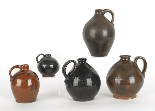 Five American redware ovoid jugs 174fab