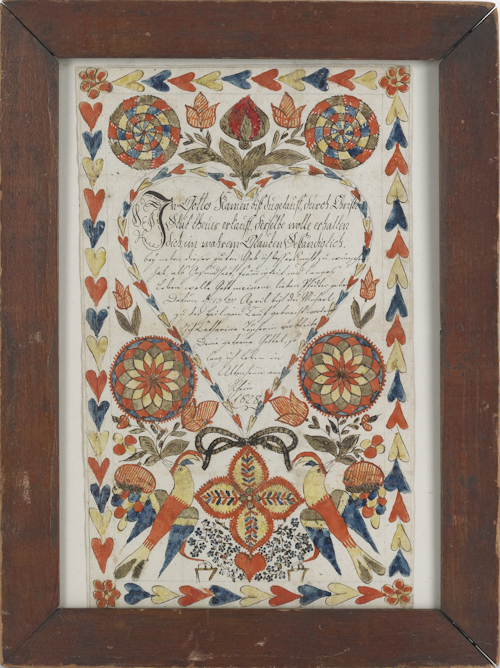 Vibrant German fraktur dated 1828 with