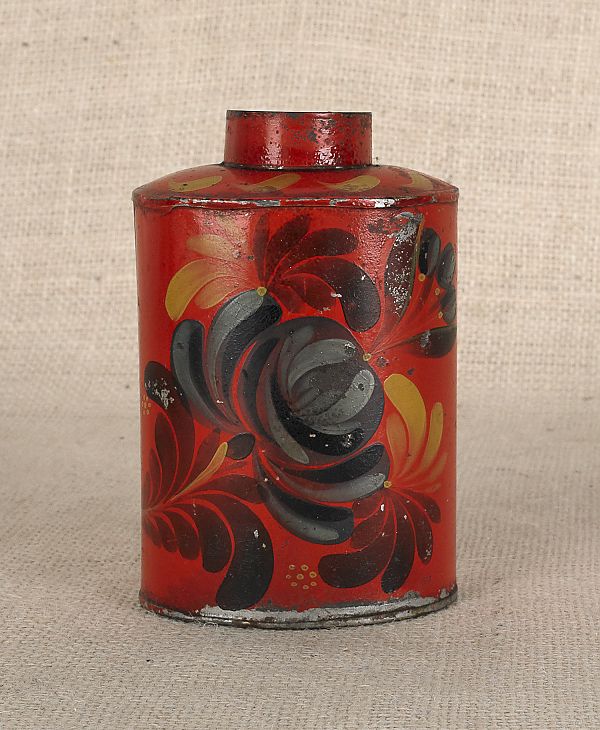 Red tole tea canister 19th c with 175119