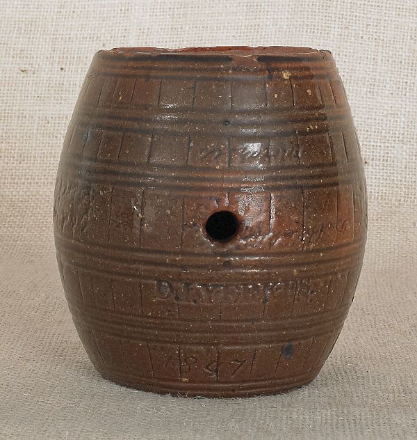 Redware Temperance rundlet dated 17511f