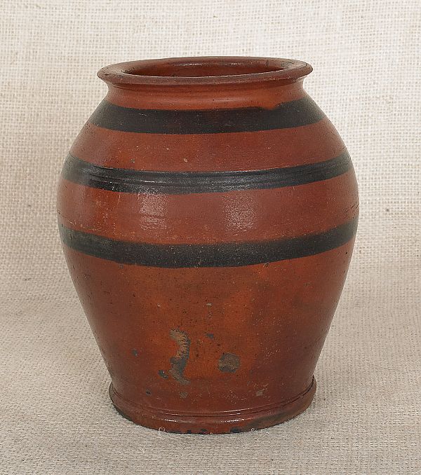 Redware ovoid crock 19th c with 17512c