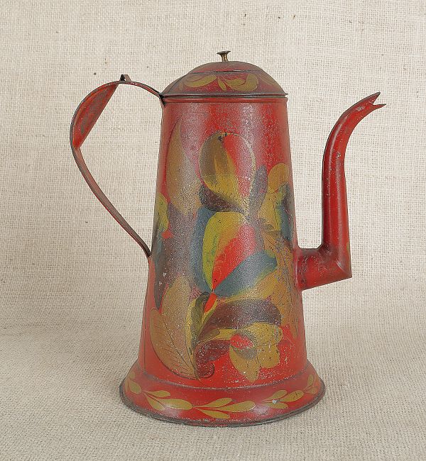 Red tole coffeepot 19th c. with a goose