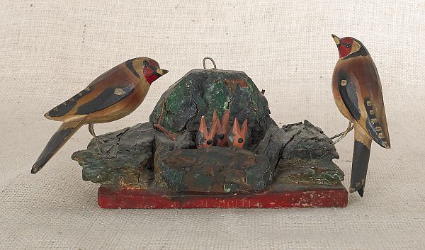 Carved and painted bird grouping