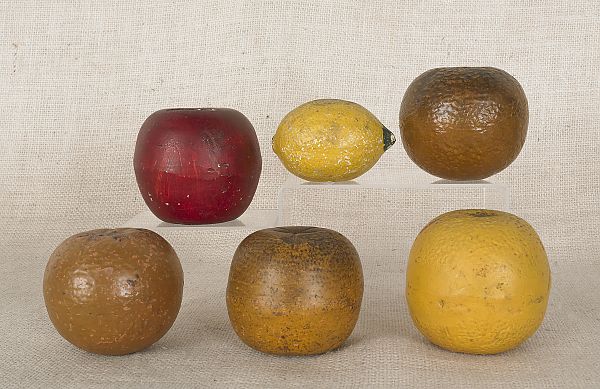 Six painted redware fruit form