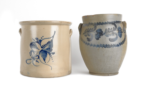 Two blue decorated stoneware crocks